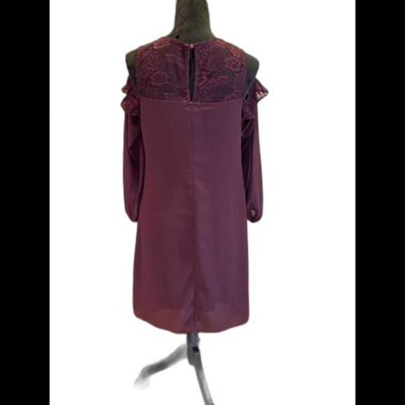 Maurice’s Burgundy Size Small Cold Shoulder Lace Top Lined Party Dress - Picture 2 of 9